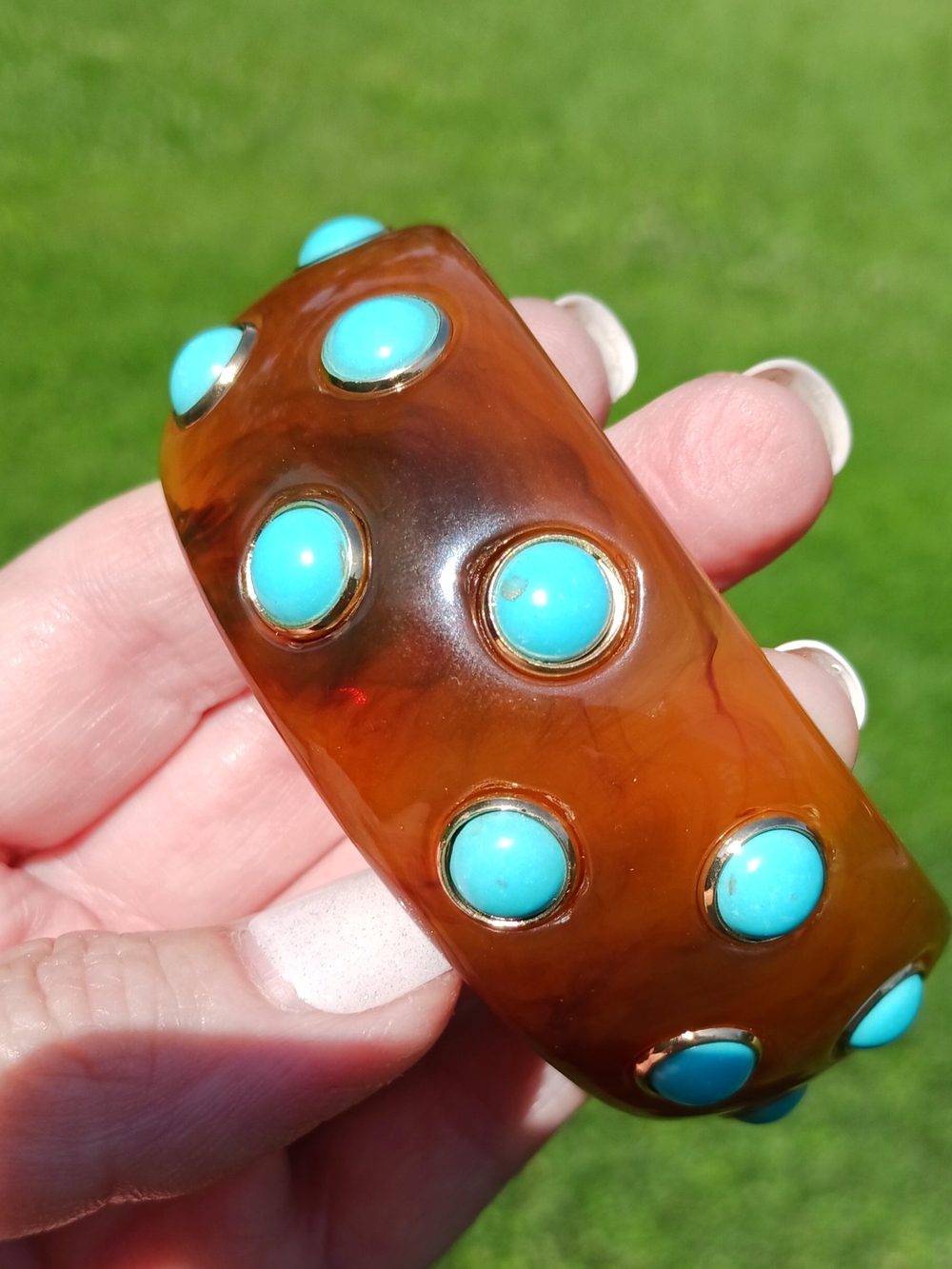 Tortoise Shell Resin Bangle with Turquoise Cabochons